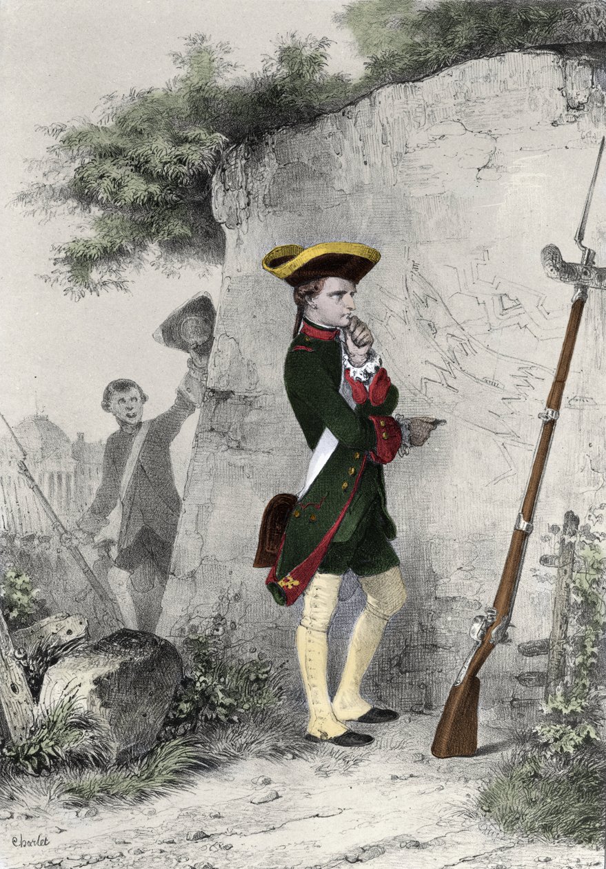 Napoleon I Bonaparte (1769 - 1821) w szkole wojskowej w Brienne w 1783 roku. Rycina Charleta z XIX wieku. autorstwa Nicolas Toussaint Charlet