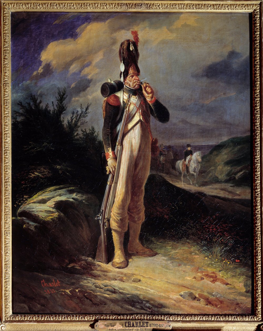 Portret grenadiera gwardii Portret zrzędliwego gwardzisty Napoleona Bonaparte. Obraz Nicolasa Toussaint Charleta (1792-1845) 1842 Nd. 0,81 x 0,65 m² autorstwa Nicolas Toussaint Charlet