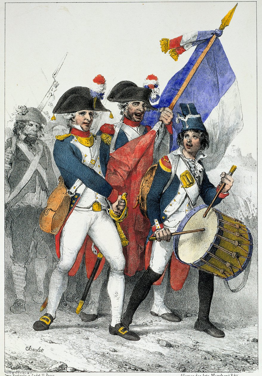 Ojczyzna w niebezpieczeństwie: Ochotnicy I RP (1792-1799) wyjeżdżający na wojnę (kolorowa rycina) autorstwa Nicolas Toussaint Charlet