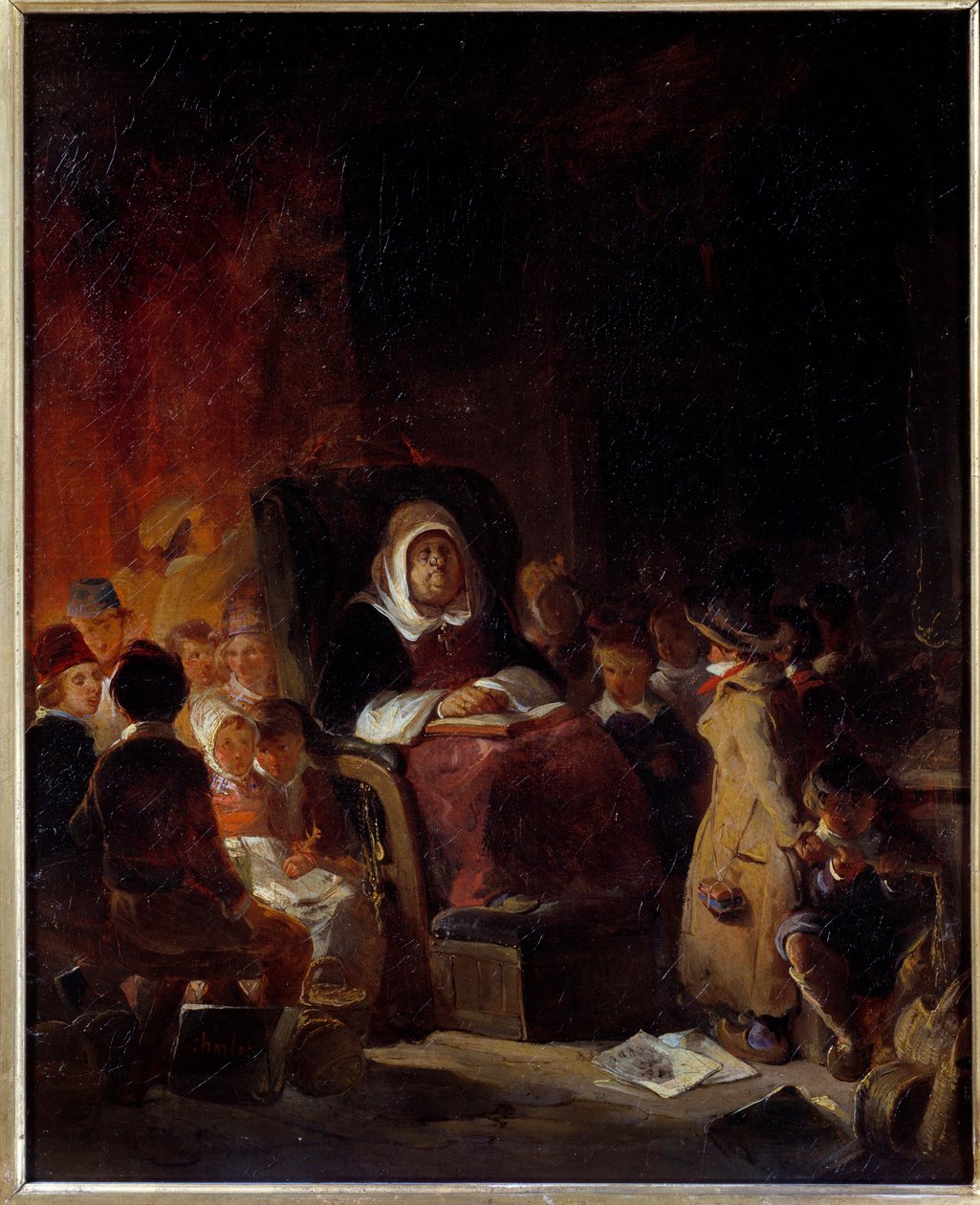 Nauczycielka Stara nauczycielka śpi wśród uczniów. Obraz Nicolasa Toussaint Charleta (1792-1845) XIX w. Niedz. 0,46 X 0,37 m Rouen, Muzeum Sztuk Pięknych autorstwa Nicolas Toussaint Charlet