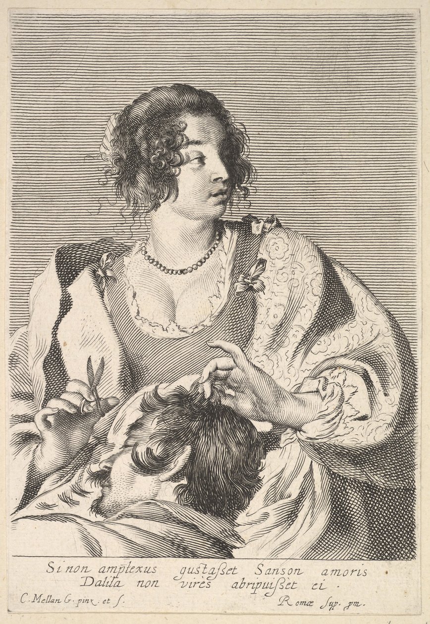 Delilah szykuje się do obcięcia włosów Samson nożyczkami w prawej ręce, poniżej jej serc..., ok. godz. 1629. autorstwa Nicolas Viennot