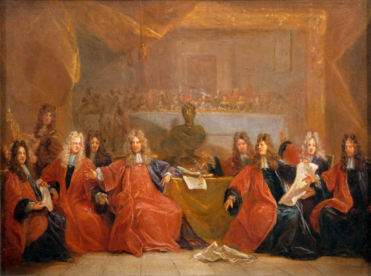 Sołtys kupców i radni miasta Paryża obradujący nad ofertą uczty dla Ludwika XIV ... autorstwa Nicolas de (workshop) Largilliere