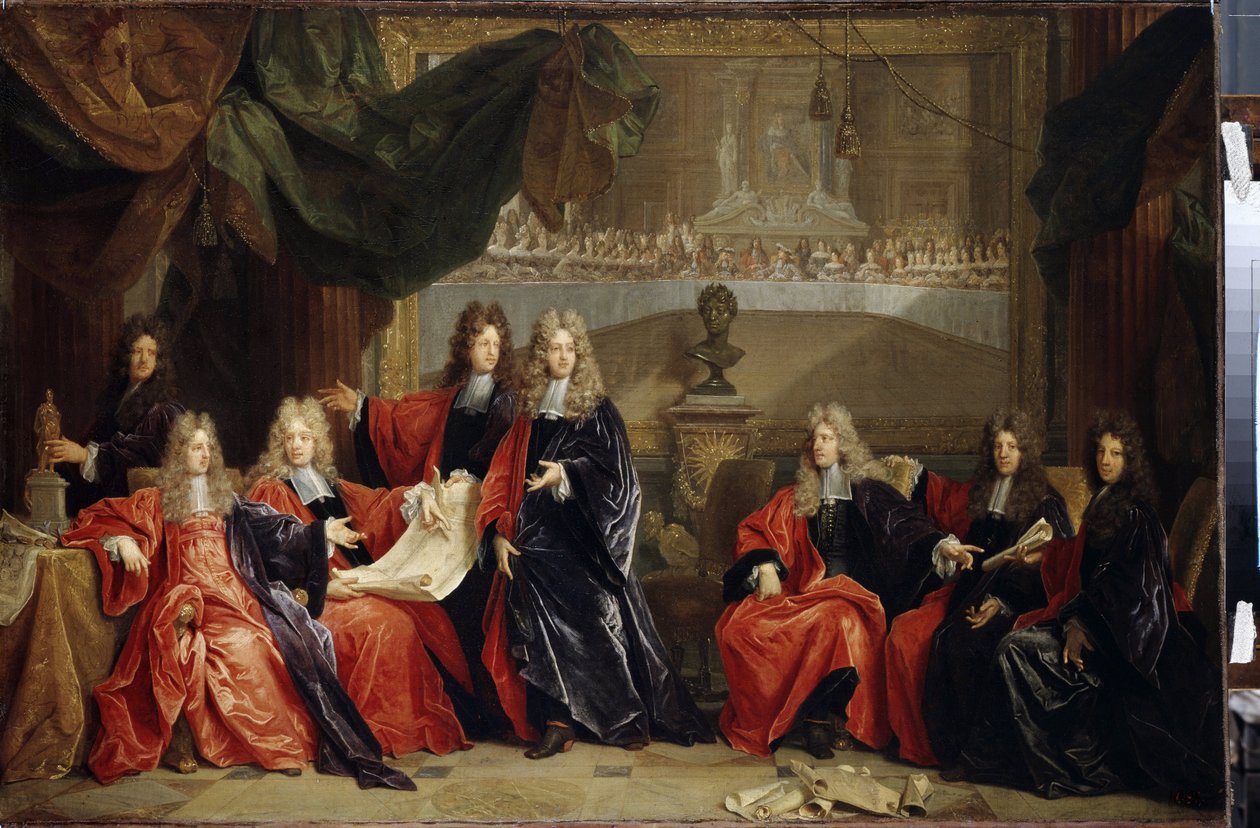 Proboszczowie i sędziowie miasta Paryża omawiają uroczystą kolację króla Ludwika XIV 14 zwanego Królem Słońce (1638-1715) w Hôtel de ville po jego restauracji w 1687 r. (Provost and Municipal Magistrates of Paris Omawiając obchody Lou autorstwa Nicolas de Largillière