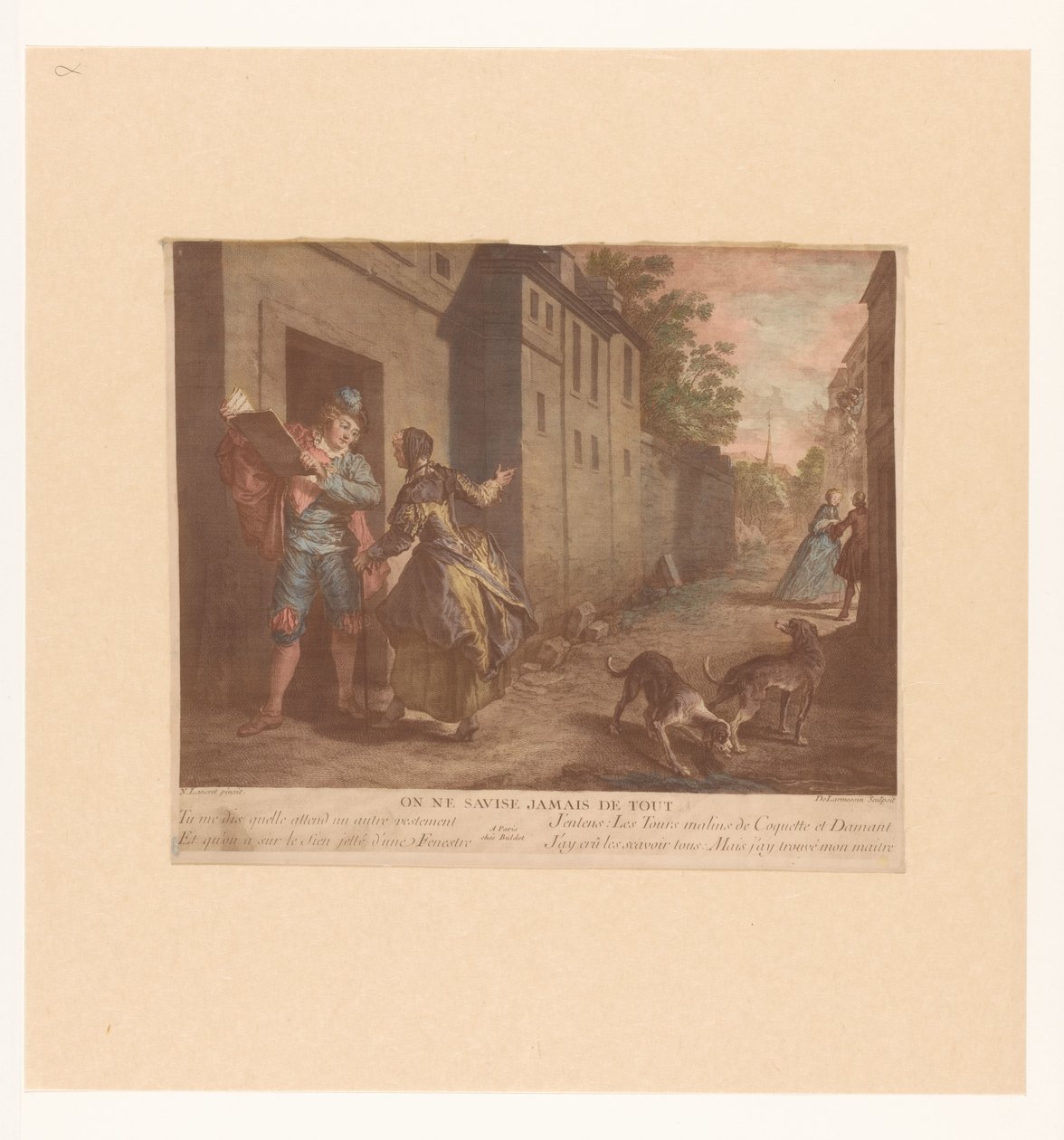 Straat Gezicht spotkał człowieka z książką Albo nigdy nie myśl o wszystkim (tytuł na obiekcie) Fabels van Jean de La Fontaine (tytuł serii) Suite of New Prints for the Tales of La Fontaine (tytuł serii) autorstwa Nicolas de Larmessin (III)