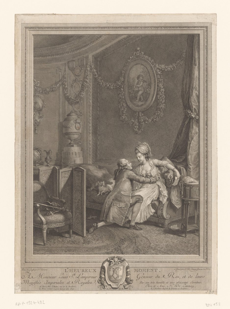Szczęśliwa chwila Slaapkamerinterieur met koppel op bed Szczęśliwy moment (tytuł na obiekcie) autorstwa Nicolas de Launay (goudsmid)