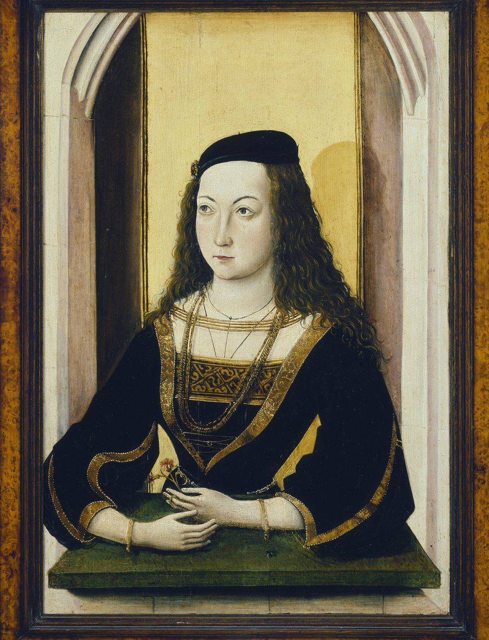 Portret młodej kobiety trzymającej kwiat, koniec XV w. olej na płycie autorstwa Nicolaus Alexander Mair von Landshut