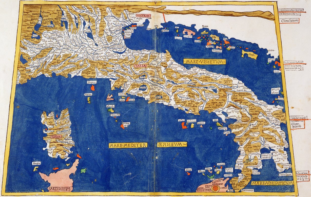 Ptolemejska mapa Włoch, 1482 (kolorowa lito) autorstwa Nicolaus Germanus