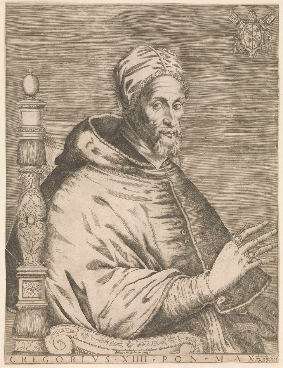 Portret papieża Grzegorza XIV w pozycji siedzącej Grzegorza XIII Pon. Maks. (tytuł na obiekcie) autorstwa Nicolaus van Aelst (attributed to)