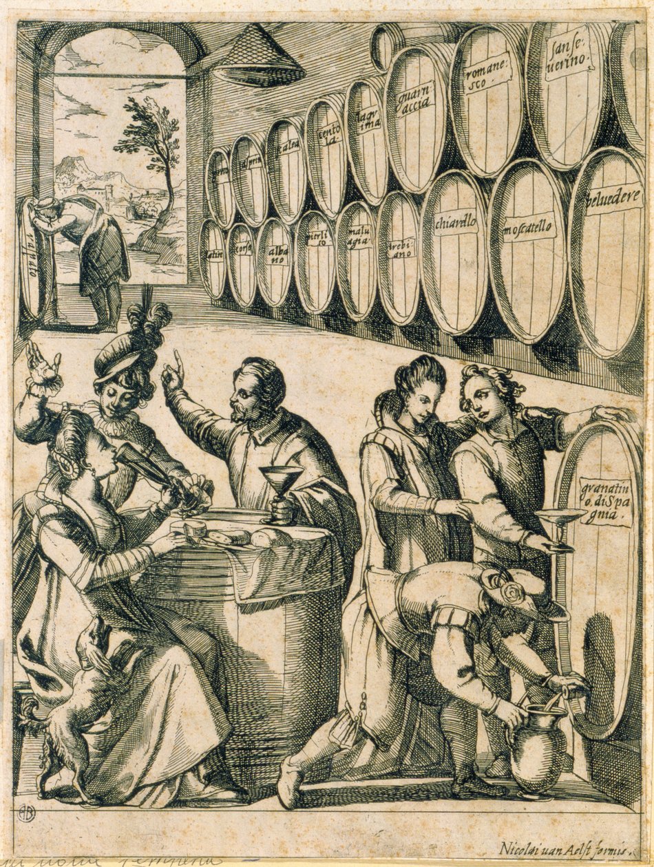 Pijacze w piwnicy z winami (na beczkach wypisane są nazwy rzymskich win) autorstwa Nicolaus van Aelst
