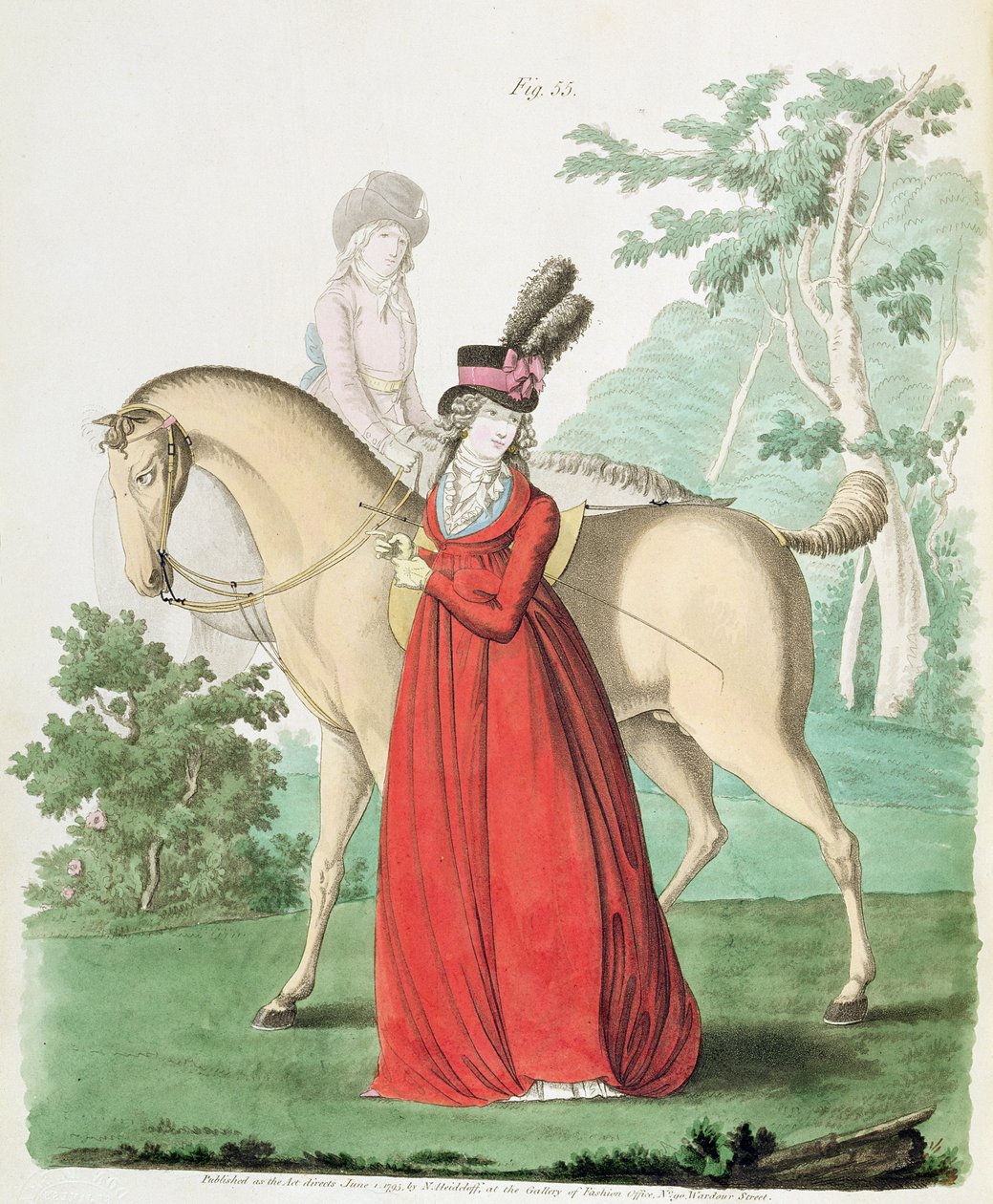 Dama jadąca konno w stroju jeździeckim z Galerii Mody Nikolausa Heideloffa, tom II, czerwiec 1795 (druk) autorstwa Nicolaus von Heideloff