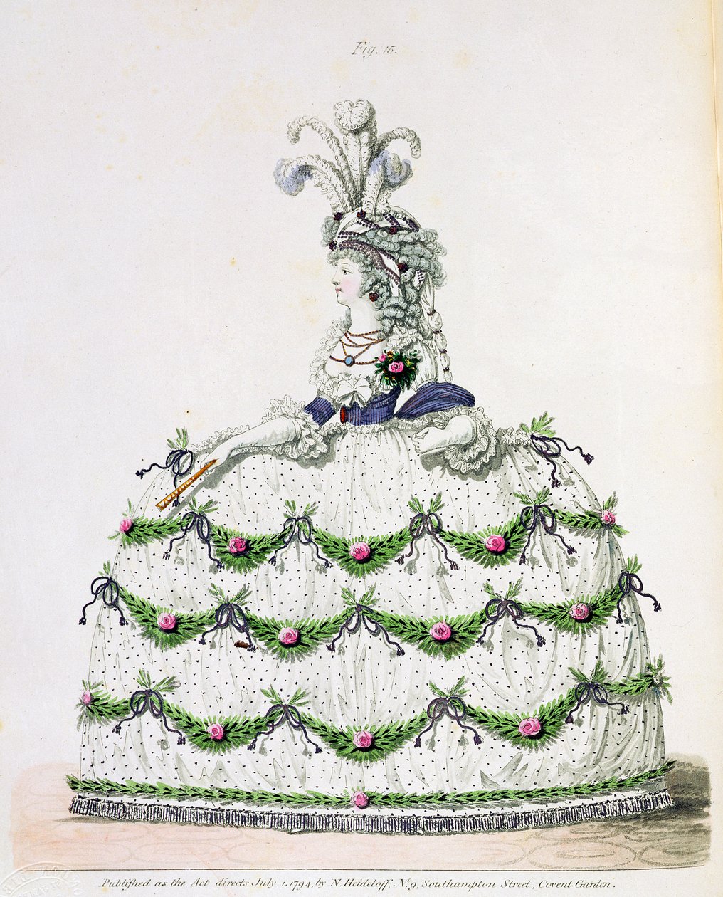 Sukienka dworska, ryc. 15 , z „Galeria Mody” Nikolausa Heideloffa t. I, lipiec 1794 (druk) autorstwa Nicolaus von Heideloff