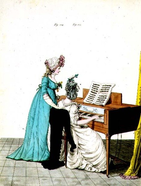 Ryc. 104 i 105, tabliczka modowa z Galerii Mody N. Heideloffa, lipiec 1798 (kolorowa grawerunek) autorstwa Nicolaus von Heideloff
