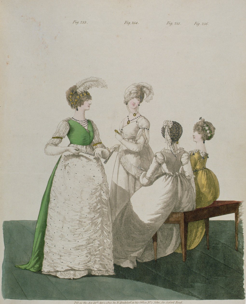 Cztery dziewczyny w balowych sukienkach z „Galerii Mody” N. Heideloffa, kwiecień 1800 autorstwa Nicolaus von Heideloff