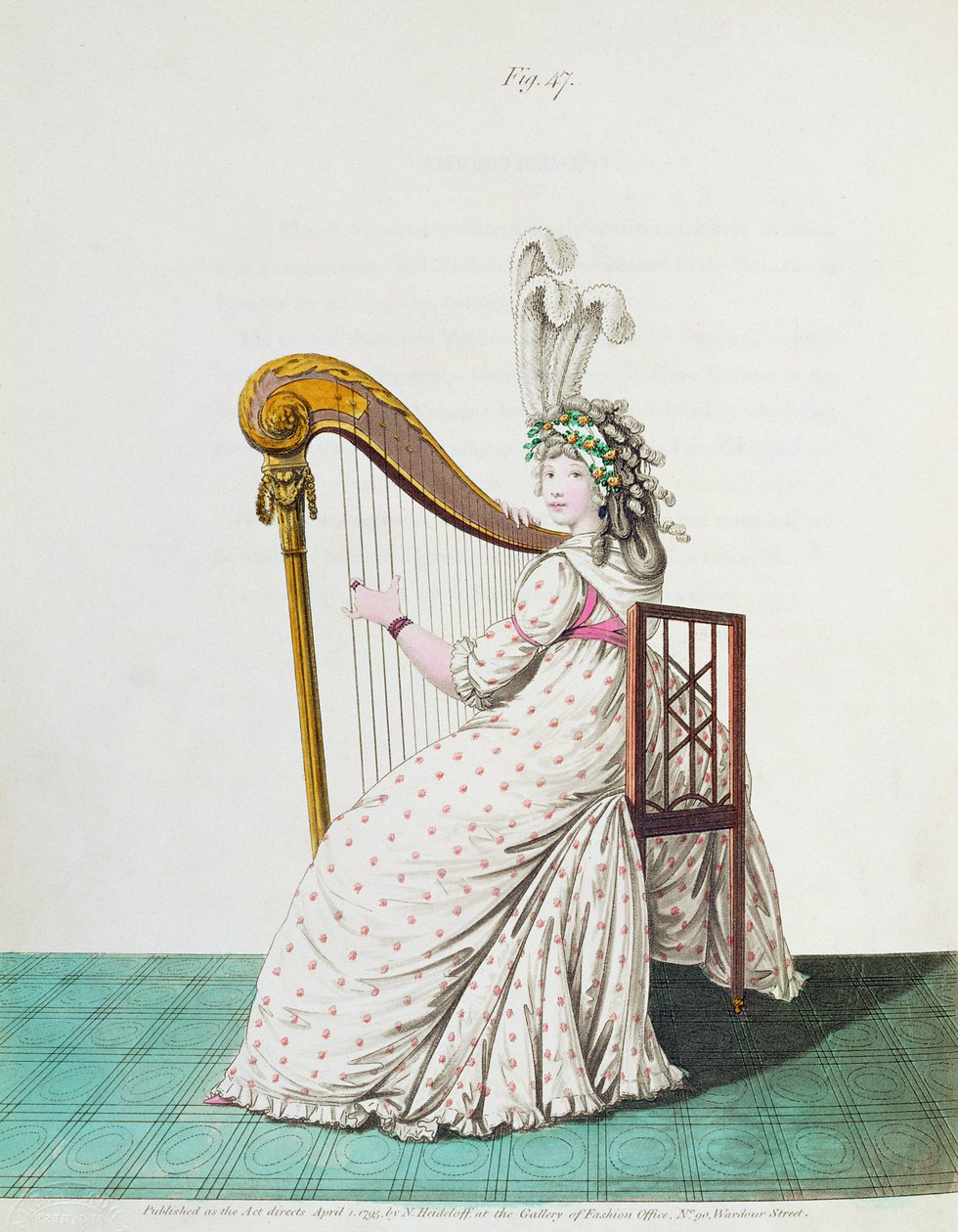 Dama grająca na harfie w sukni wieczorowej z Galerii Mody Nikolausa Heideloffa, tom II, kwiecień 1795 (odbitka) autorstwa Nicolaus von Heideloff