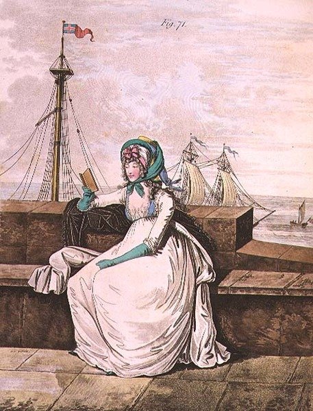 Suknia poranna, ryc. 71 z "Galerii mody" Nikolausa Heideloffa, tom II październik 1795 (rycina) autorstwa Nicolaus von Heideloff