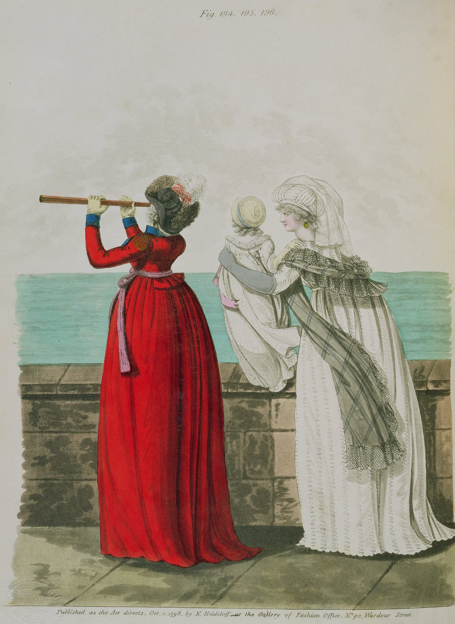 Suknie poranne, fig. 194, 195 i 196 z "Galerii mody" Nikolausa Heideloffa, tom II, październik 1798 (druk) autorstwa Nicolaus von Heideloff