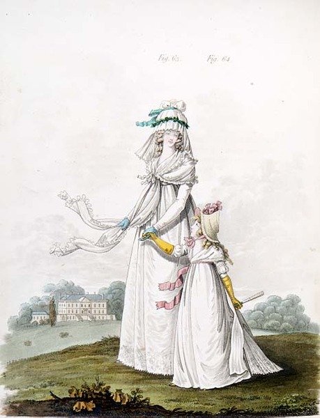 Matka i dziecko w żakietach z „Galerii Mody” Nikolausa Heideloffa, t. II, sierpień 1795 (druk) autorstwa Nicolaus von Heideloff