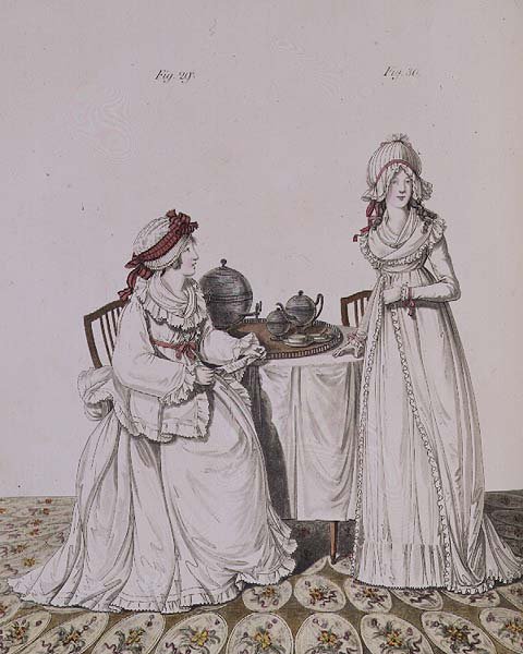 Dwie panie przy śniadaniu w garderobie, w nocnych czapkach i peniuarach, z „Galerii Mody” Nikolausa Heideloffa, tom I, listopad 1794 (druk) autorstwa Nicolaus von Heideloff