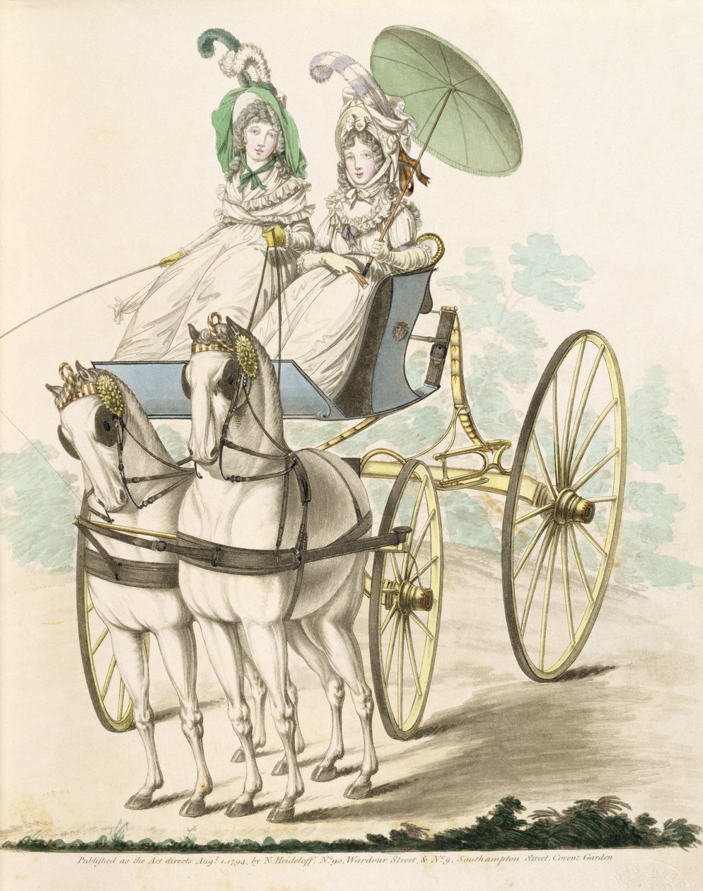 Dwie panie, en negligee, wietrzące się w faetonie, z Galerii Mody Nikolausa Heideloffa, tom I, sierpień 1794 (druk) autorstwa Nicolaus von Heideloff