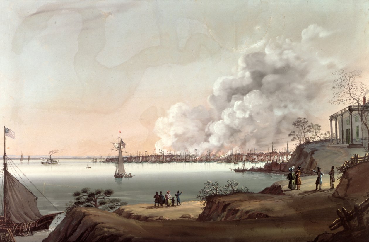 Widok Nowego Jorku po wielkim pożarze zabrany z Brooklynu, 1835 autorstwa Nicolino Calyo