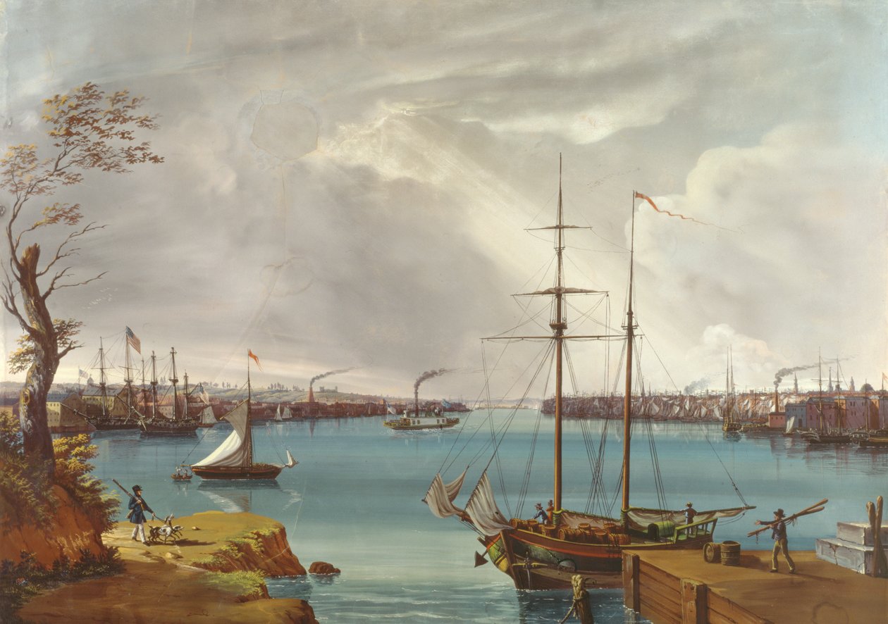 Widok na Nowy Jork, Brooklyn i Navy Yard ze wzgórz w pobliżu Willamsburga, ok. 1835-45 (gwasz, wc na papierze) autorstwa Nicolino Calyo