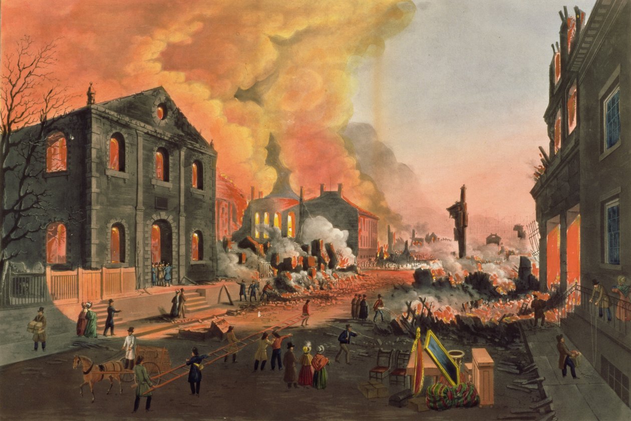 Widok ruin po wielkim pożarze w Nowym Jorku, 16-17 grudnia 1835 r., rycina W.I. Bennett, wyd. L.P. Glover, Nowy Jork, 1835 (akwatinta kolorowa) autorstwa Nicolino Calyo