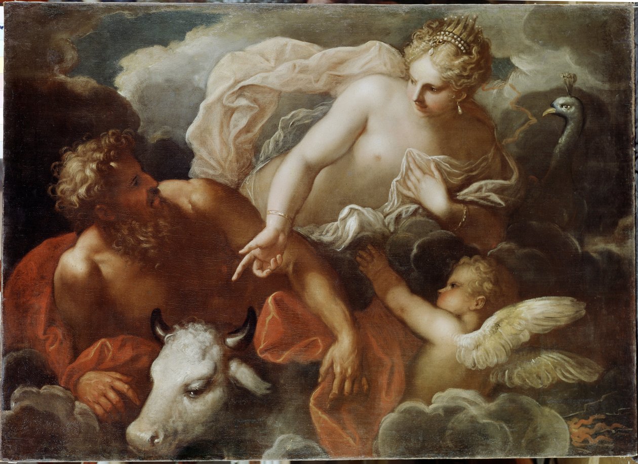 Jupiter, Juno i Io (Jowisz, Juno i Io) - Obraz Niccolo (Nicolo) Bambini (1651-1736), olej na płótnie, koniec XVII wieku - Sztuka wenecka autorstwa Nicolo Bambini