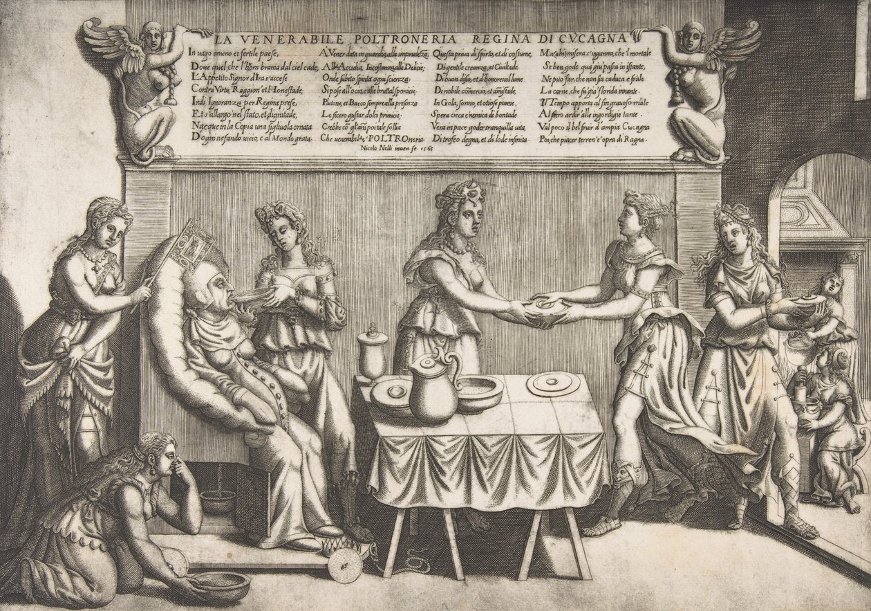 Czcigodna bezczynność, królowa Cockaigne, gruba kobieta siedząca na ruchomym krześle toaletowym będąca..., 1565. autorstwa Nicolo Nelli