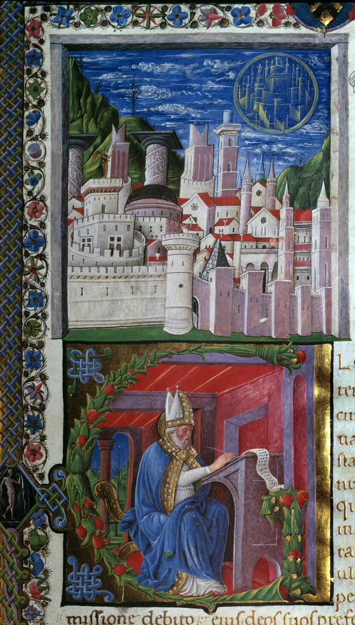 Miniatura do pisania św. Augustyna autorstwa Nicolo Polaniego zaczerpnięta z „De civitate dei” (Miasto Boga) św. Augustyna z Hippony (354-430). 1459. Paryż, Bibliotheque Sainte Genevieve autorstwa Nicolo Polani