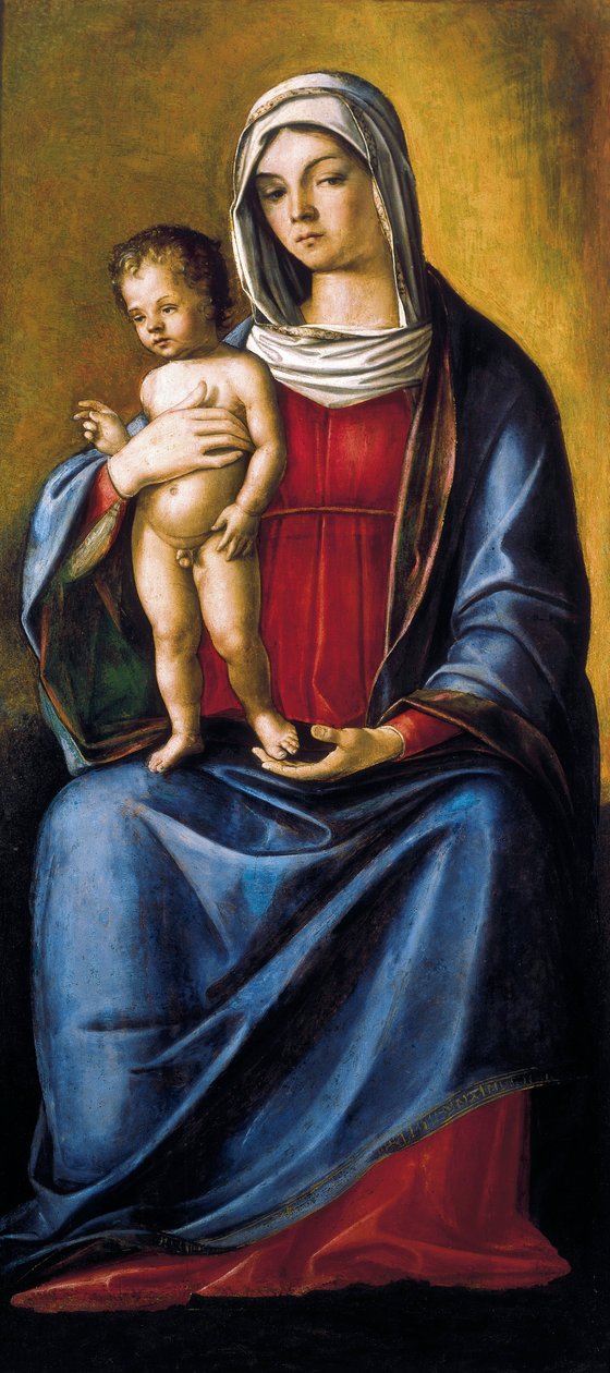 Madonna z Dzieciątkiem, Centralny Panel Tryptyku z Madonną z Dzieciątkiem, św. Albertem i św. Sebastianem autorstwa Nicolo Rondinelli