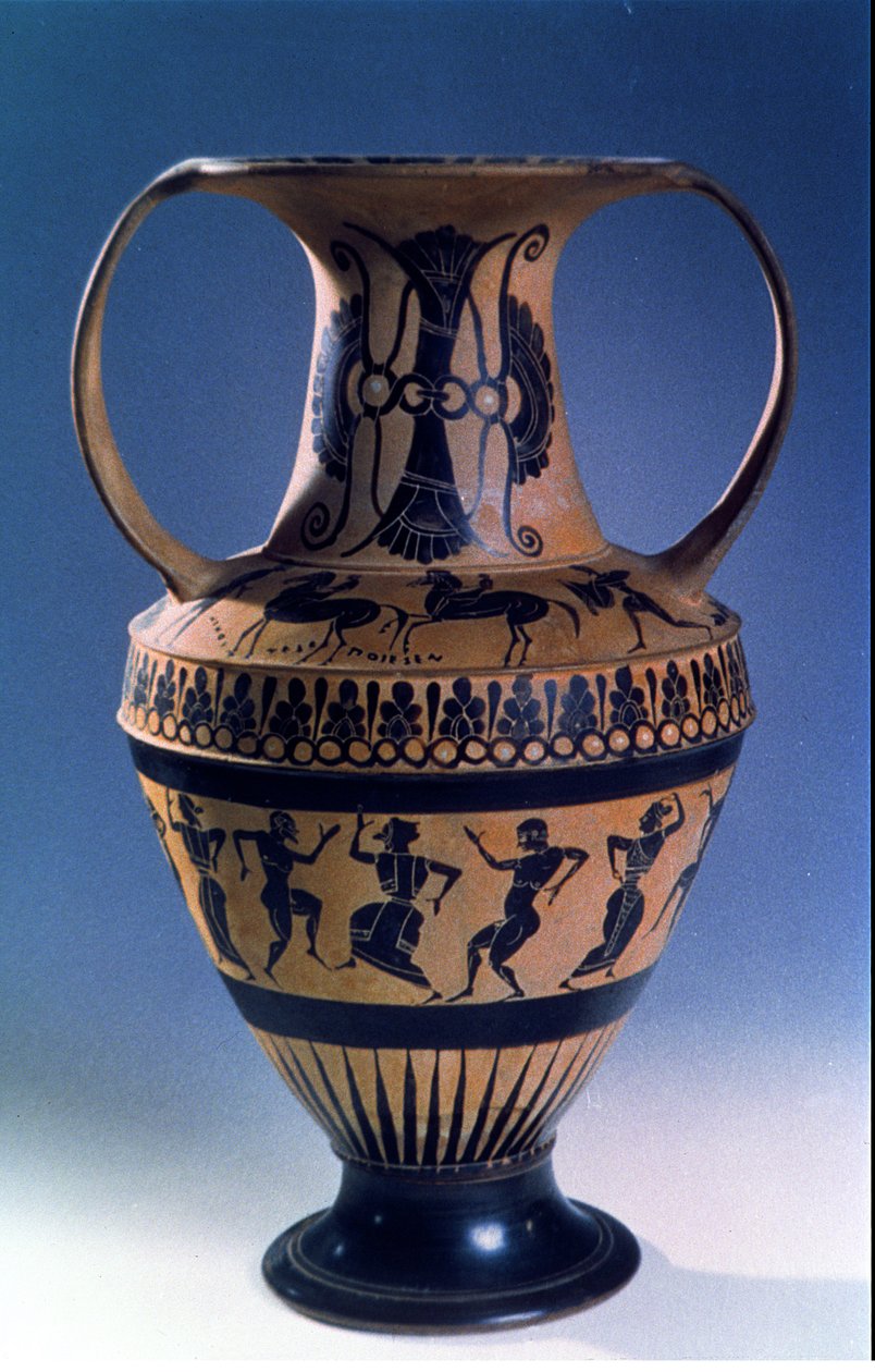 Czarna amfora na poddaszu przedstawiająca tancerzy, ok. 535-38 p.n.e. (ceramika) autorstwa Nicosthenes
