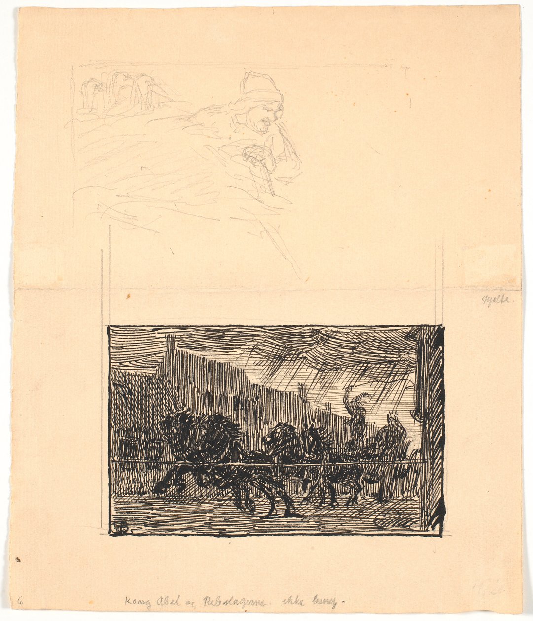 Dwa szkice ilustracji dla Sønderjyske Folkesagn, v. F. Ohrt. F.o. Gdzie najmniej się tego spodziewasz i f.n. Król Abel i pogromcy lin autorstwa Niels Skovgaard