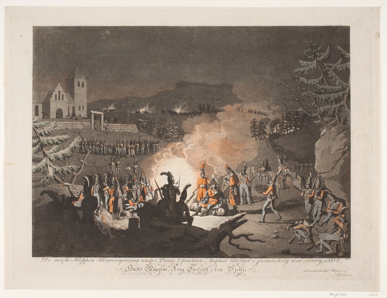 Biwak wojsk norweskich pod rycinami anförsel Christiana Augusta w ostatniej wojnie ze Szwecją, 1808 autorstwa Niels Truslew