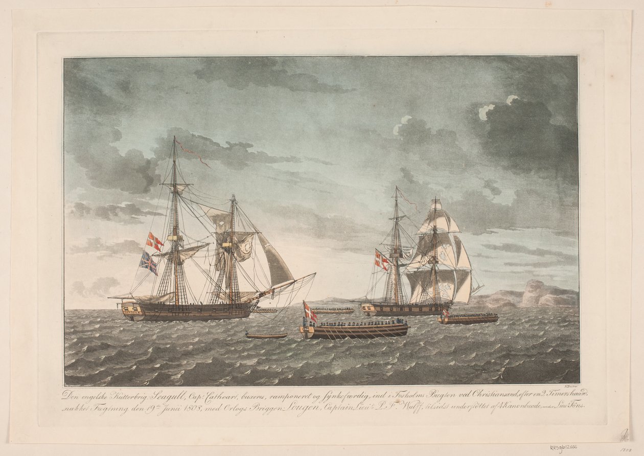 Angielski bryg kuterowy Seagull po bitwie z bryg Lougen, 19 czerwca 1808 autorstwa Niels Truslew