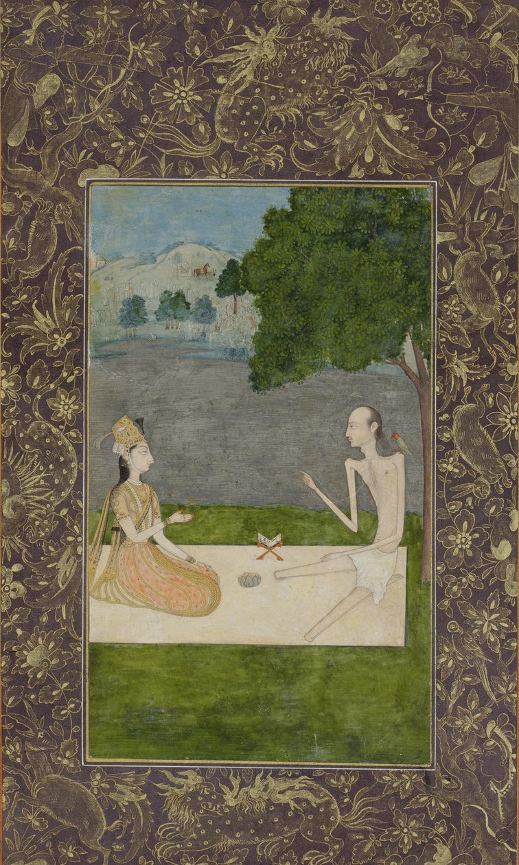 Laila i Majnun rozmawiają pod drzewem, ok. 1730 (nieprzezroczysta toaleta i złoto na papierze) autorstwa Nihal Chand