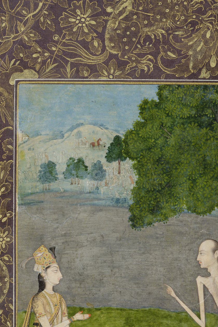 Laila i Majnun rozmawiają pod drzewem, detal, ok. 1730 (nieprzezroczyste wc i złoto na papierze) autorstwa Nihal Chand