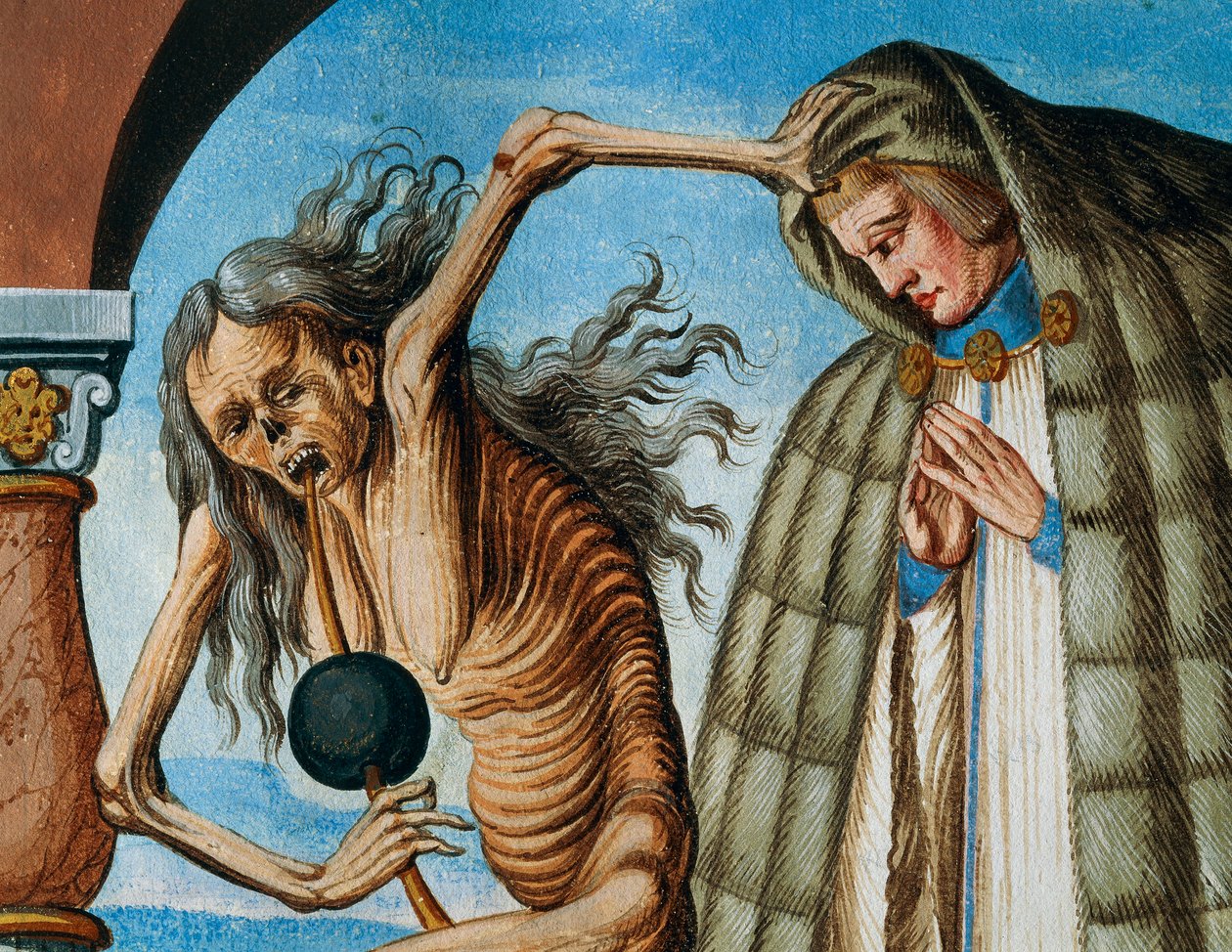 Śmierć z Kanonem, fragment Śmierci, Opat i Kanon (pomocnik Opata) z cyklu Taniec Śmierci Albrechta Kauwa autorstwa Niklaus Manuel