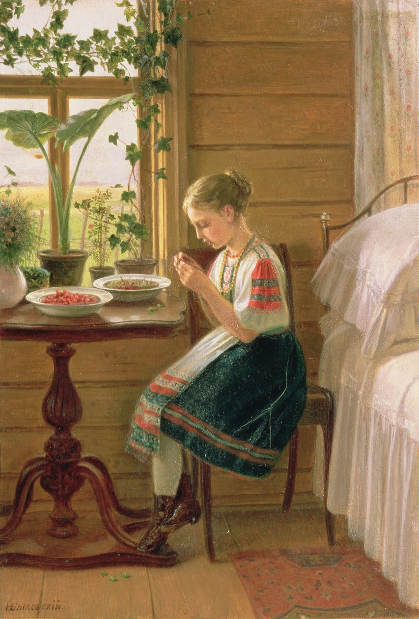 Dziewczyna obierająca jagody, 1880 autorstwa Nikolai Mikhailovich Bykovsky