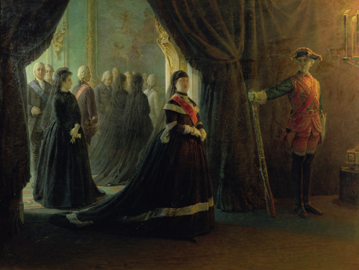 Katarzyna II (1729-96) przy trumnie cesarzowej Elżbiety (1709-61), 1874 autorstwa Nikolai Nikolajevitch Gay