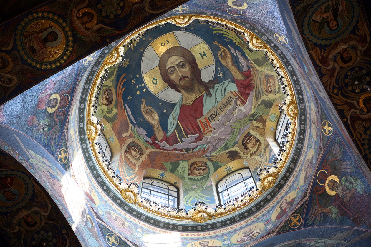 Chrystus Pantokrator, sufit kościoła Zbawiciela na Krwi Rozlanej, Sankt Petersburg, Rosja autorstwa Nikolai Nikolayevich Kharlamov