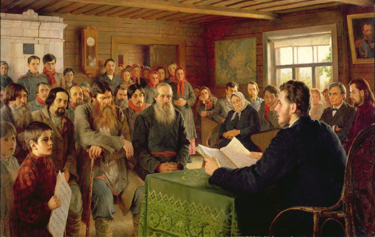 Niedzielne czytanie w wiejskiej szkole, 1895 autorstwa Nikolai Petrovich Bogdanov Belsky