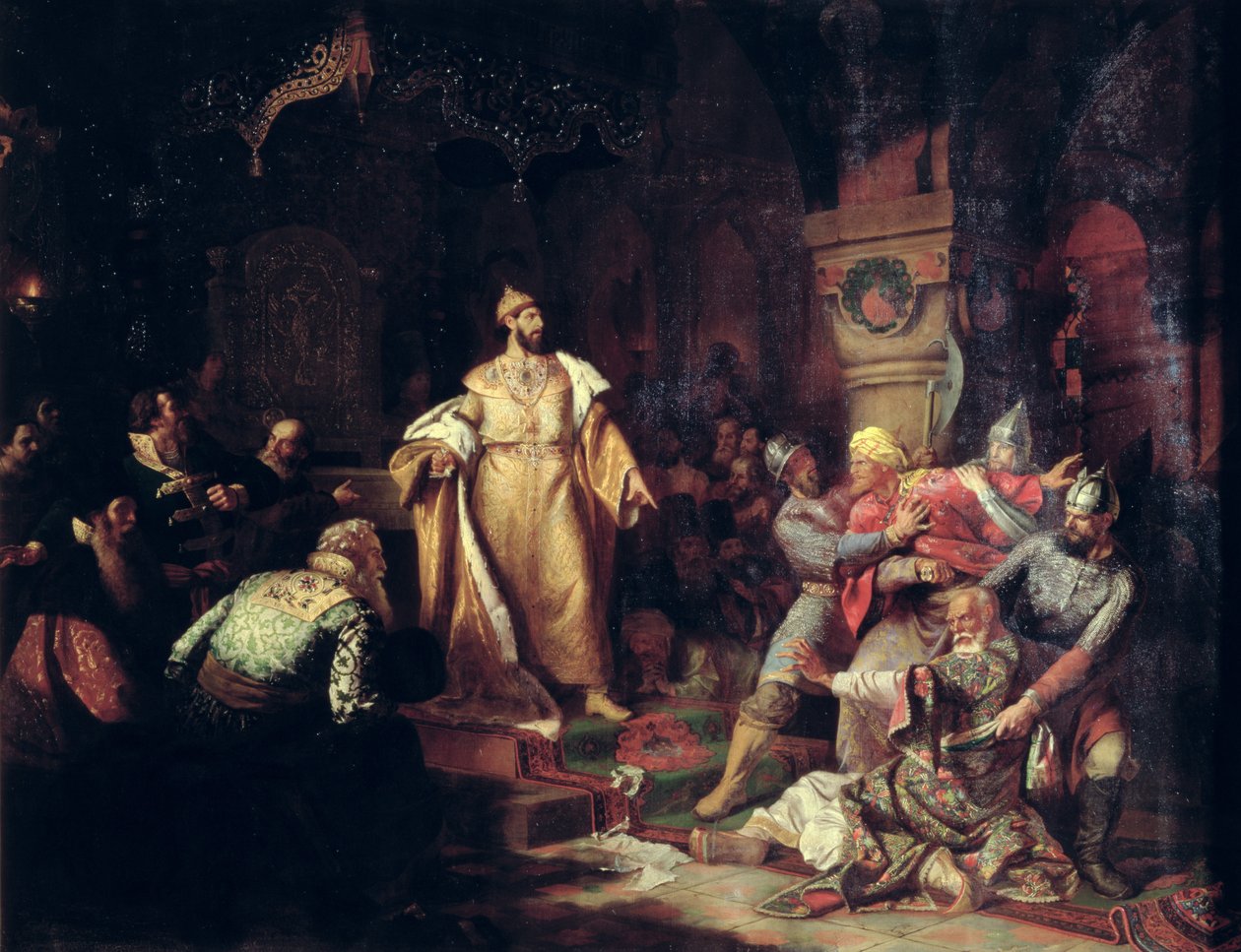 Car Iwan III (1440-1505) Rozerwanie czynu tatarskiego chana, 1862 autorstwa Nikolai Semenovich Shustov