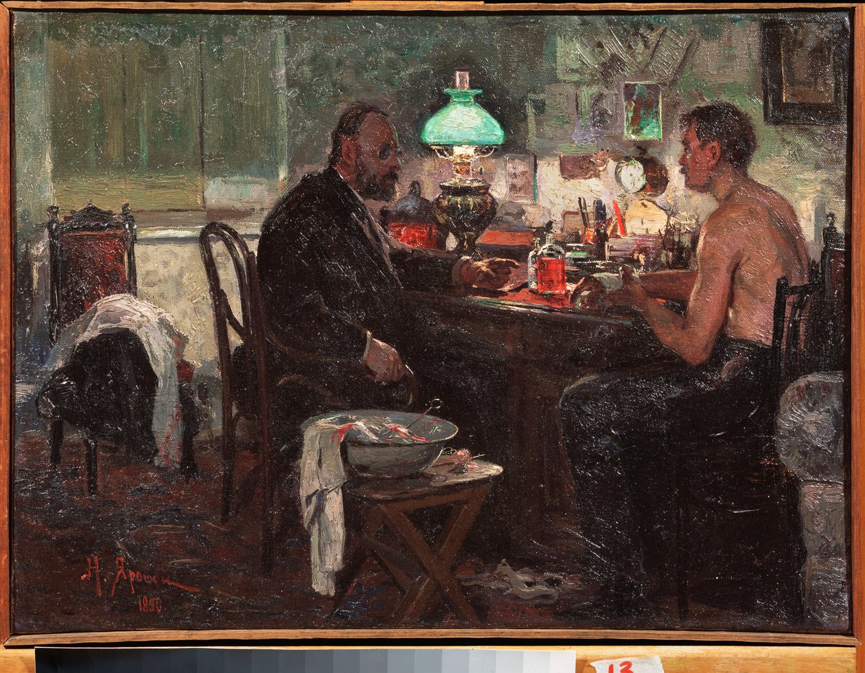 Chez le medecin (U lekarza) - Obraz Nikołaja Aleksandrowicza Jaroszenki (Jaroszenko) (1846-1898), olej na płótnie, sztuka rosyjska autorstwa Nikolai Aleksandrovich Yaroshenko