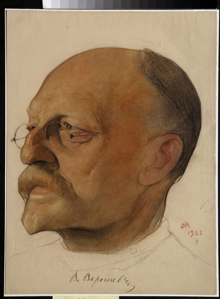 Portret Vikenti Vikentyevich Smidovich, dit Vikenti Veressaiev (1867-1945), rosyjski lekarz i pisarz (Vikenty Vikentyevich Veresaev) - Rysunek Nikołaja Andriejewicza Andriejewa (1873-1932) sangwina i kredki na papierze (32,5x24 cm) autorstwa Nikolai Andreevich Andreev