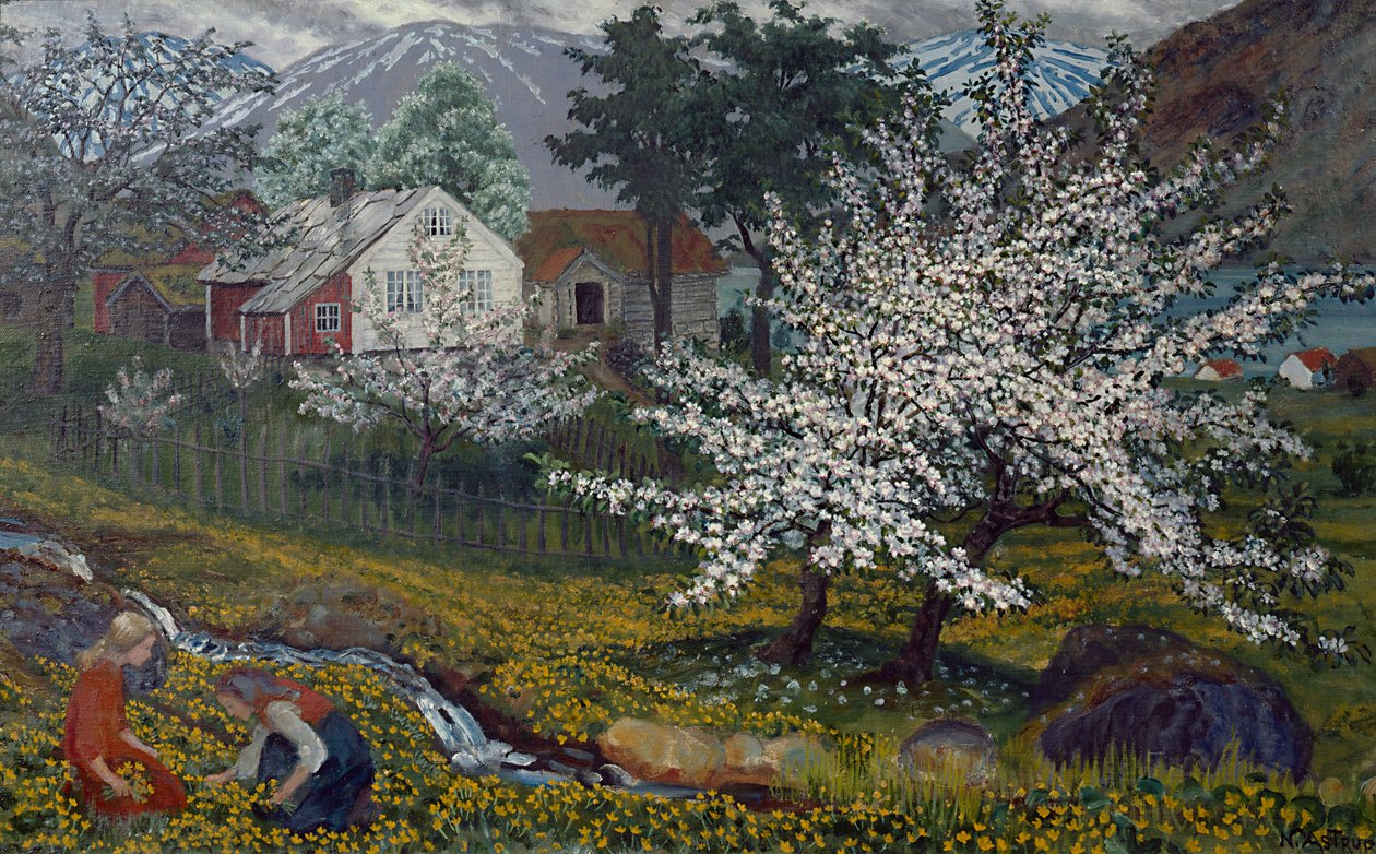 Kwitnąca jabłoń, Farma Strømsbo, ok. 1912 (olej na płótnie) autorstwa Nikolai Astrup