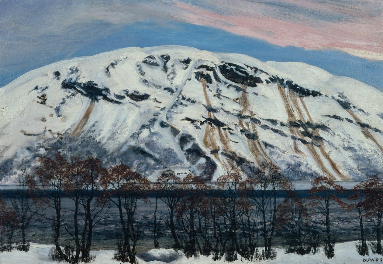 Zimny kwietniowy poranek z lawiną, śnieżna góra autorstwa Nikolai Astrup