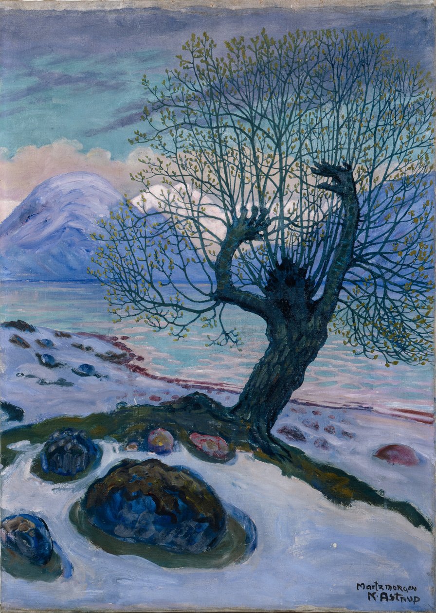 Marcowy poranek, wiosenna noc i wierzba (olej na płótnie) autorstwa Nikolai Astrup
