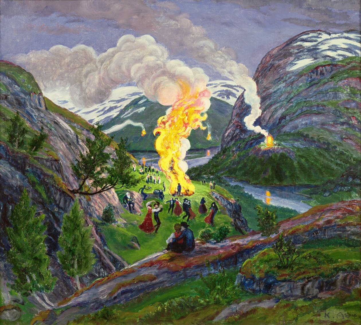 Pożar Przesilenia Letniego (olej na płótnie) autorstwa Nikolai Astrup
