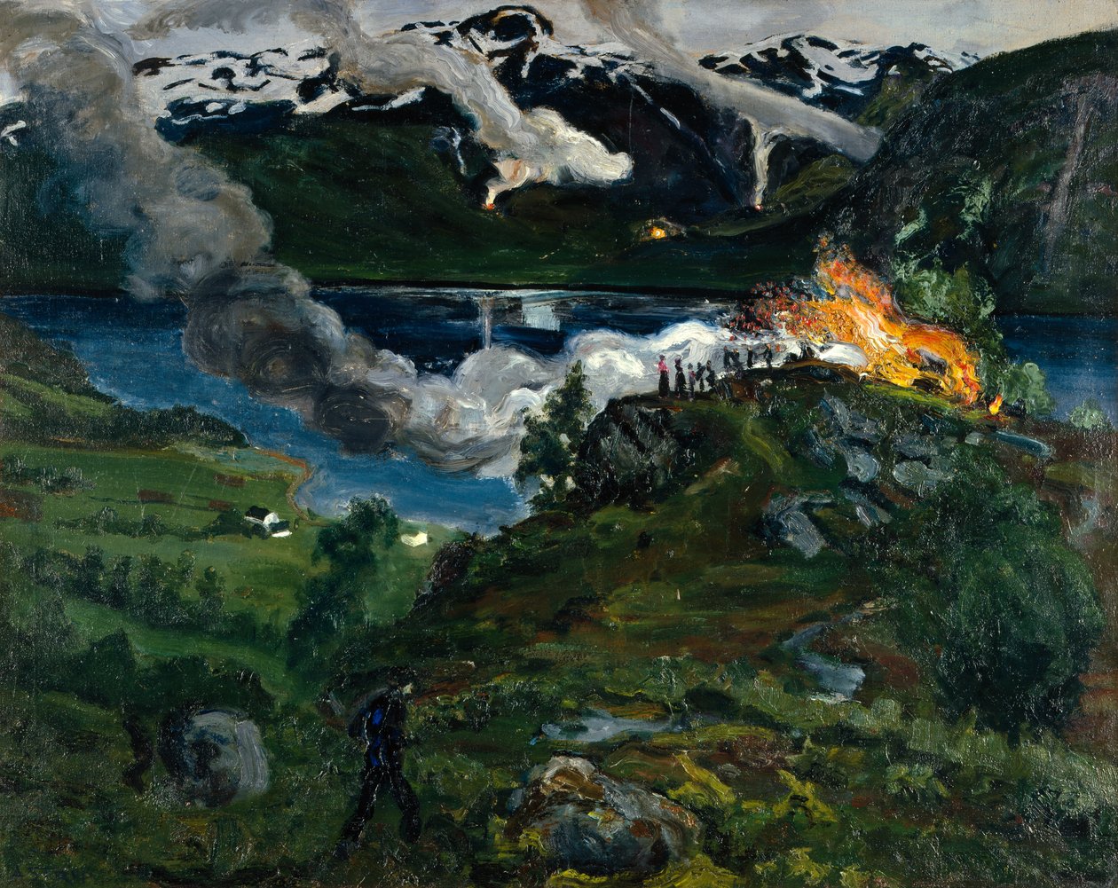 Letni ogień nad wodą Jølster autorstwa Nikolai Astrup