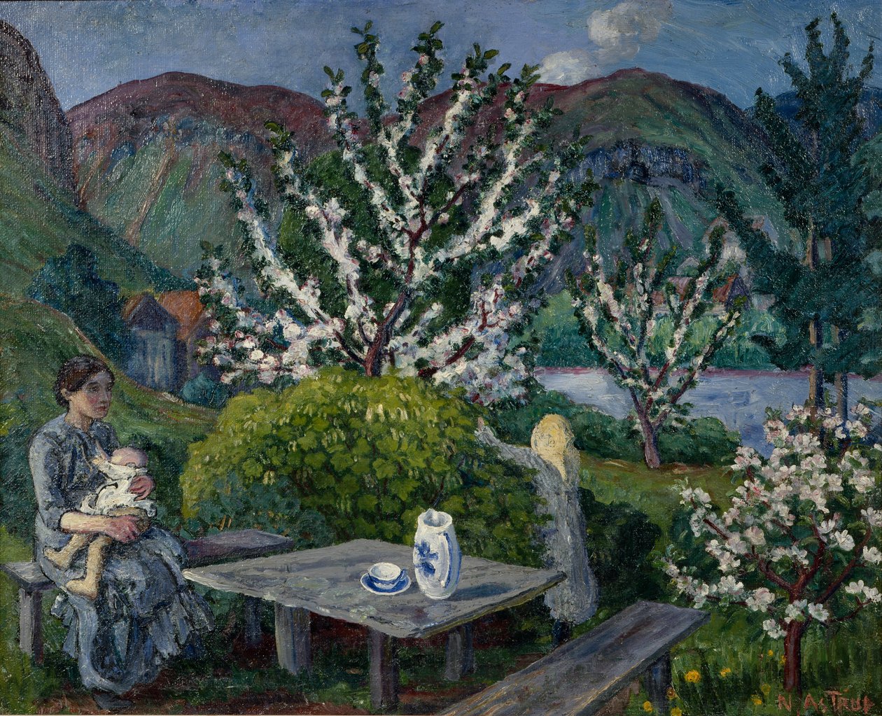 Matka i dziecko przy stole w ogrodzie (olej na płótnie) autorstwa Nikolai Astrup